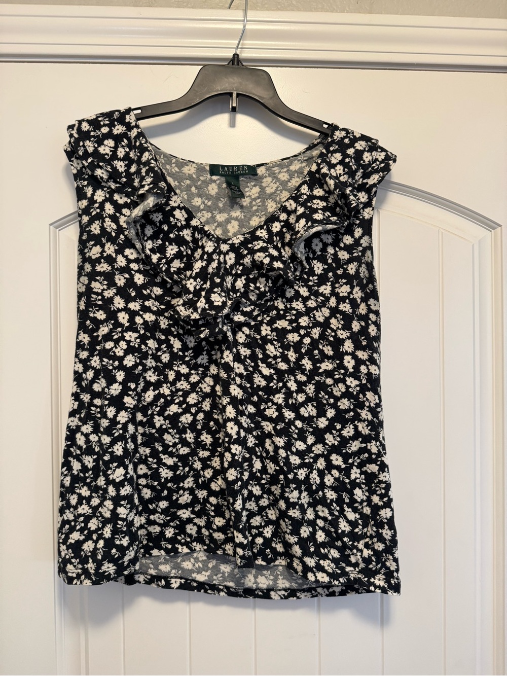 Lauren Ralph Lauren Black White Daisy Floral Ruffle V-Neck Cotton Tank Top L